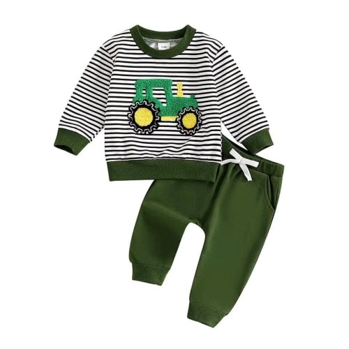 Little Boy Long Sleeve Striped Tractor 2-Piece Outfit Set – The Trendy Toddlers