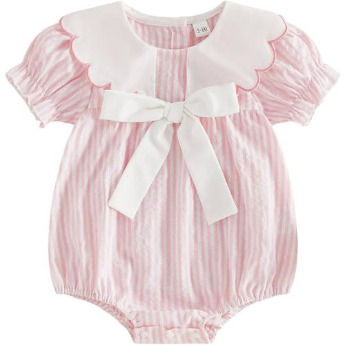 Baby Girl Bubble Romper Short Sleeve Peter Pan Collar Jumpsuit with Bow Cute Newborn Infant Girl Summer Clothes