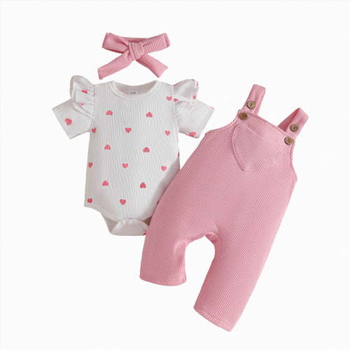 CAICJ98 Valentines Baby Girl Outfits Love Heart Romper Short Sleeve Ruffled Valentines Bodysuit Jumpsuit with Headband Infant Summer Spring Clothes (Pink,3-6 Months)