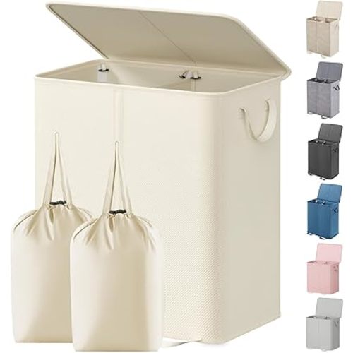Lifewit Double Laundry Hamper with Lid and Removable Laundry Bags, Large Collapsible 2 Dividers Dirty Clothes Basket with Handles for Bedroom Laundry Room Closet Bathroom College, 155L Ivory White