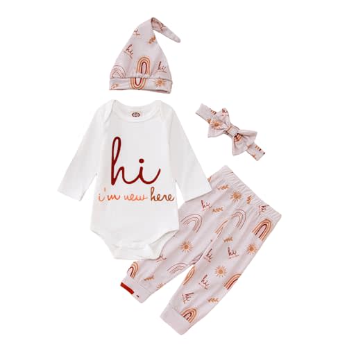 CM C&M WODRO Newborn Infant Girl Clothes Baby Coming Home Hospital Outfit I'm New Here Bodysuit Romper Pants Hat Headband