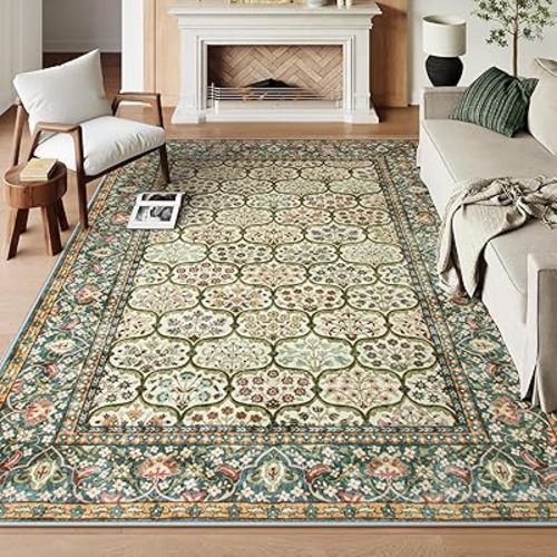 Lahome Vintage Area Rug for Bedroom, Soft Machine Washable Area Rug Ultra-Thin Bedroom Carpet, Floral Print Low-Pile Indoor Traditional Carpet for Office Kitchen Dining Room (Green,5'x7')
