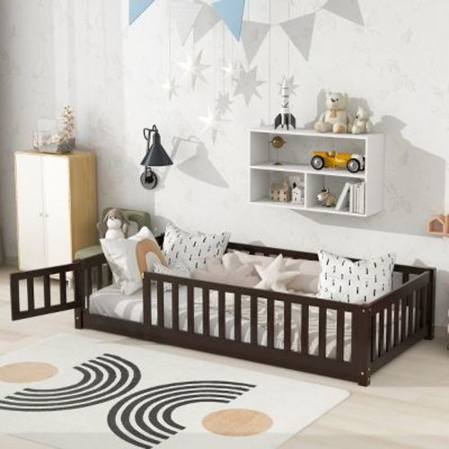 Twin Montessori Floor Bed with Fence and Door, Espresso Solid Wood Platform with Guardrails for Toddlers and Kids Bedroom-3irtyhousy