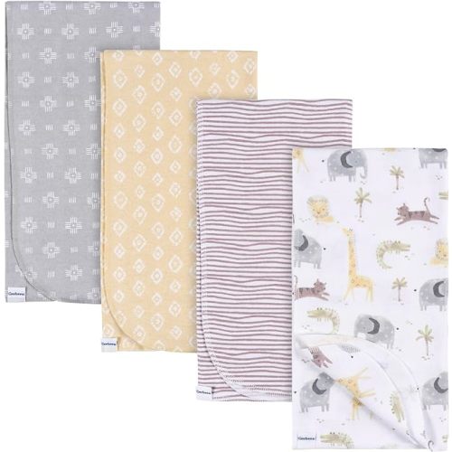 Gerber Unisex Baby 100% Cotton Flannel Receiving Blankets 30x30 Inches (Pack of 4), Animals + Geos Neutral, One Size