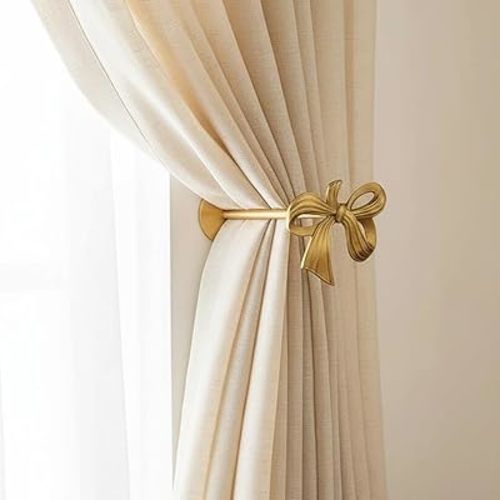 Brass Curtain Holdbacks (2 Pack) Gold Curtain Tieback Curtain Holders Backs Wall Hooks Pull Backs for Wall Mounted Home Decoration (Bow)