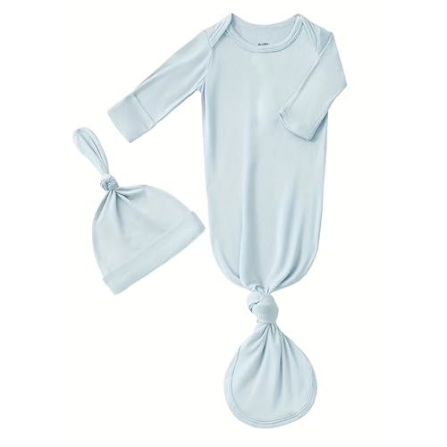 Bow Dream Rayon Bamboo Newborn Baby Boys Knotted Gown Sleeper Solid Color Jumpsuit with Matching Bonnet