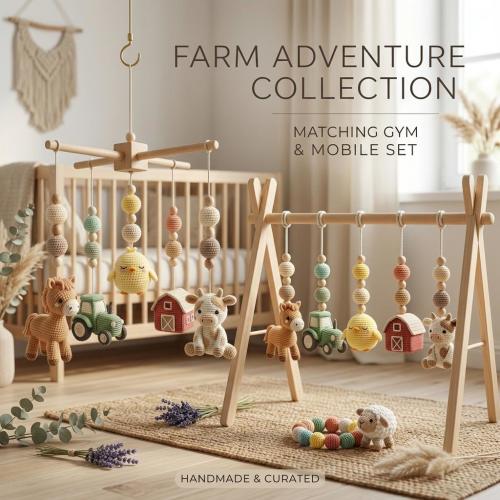 Farm Baby Mobile & Wooden Play Gym, Handmade Crochet Farm Nursery Decor, Horse Tractor Chick Barn Cow Mobile, Montessori Baby Gift