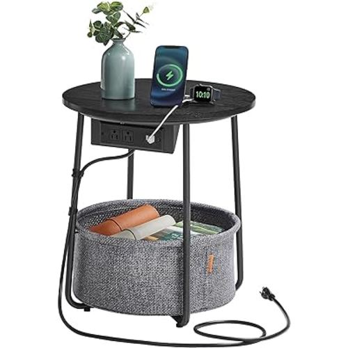 VASAGLE LILEA Collection - Side Table with Charging Station, Round End Table with Fabric Basket, Nightstand with USB Ports, for Living Room, Bedroom, Modern, Ebony Black and Slate Gray ULET228B01