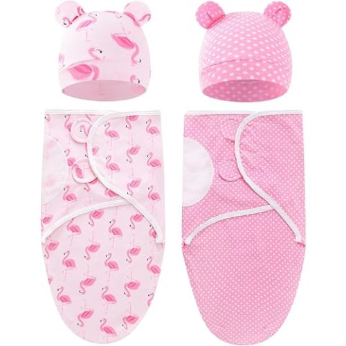 Dizila 2 Sets Adjustable Soft Cotton Blend Receiving Swaddle Blankets Sleep Sacks with Matching Nursery Hats Caps Beanies Bonnets for Newborns Infants Baby Girls Boys (Multicolor S3)