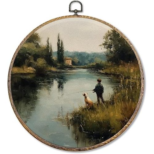Pugwak Vintage Boy Fishing Round Wall Art Decor, Rustic Farmhouse Dog and Boy Canvas Art Framed, Country Landscape Artwork Wall Hanging Decor for Home Bedroom Living Nursery Room, 10x10in