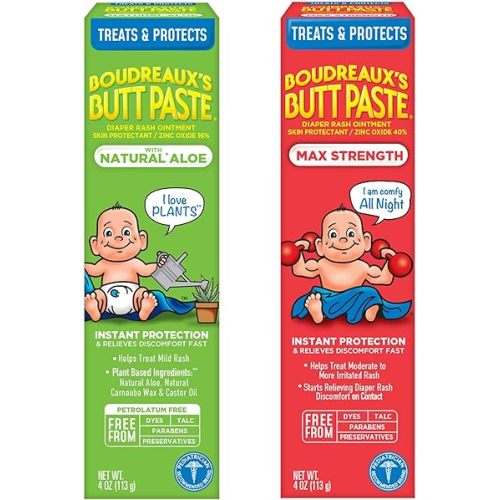 Boudreaux's Butt Paste Diaper Rash Ointment Variety Pack (1-4 oz Maximum Strength, 1-4 oz Natural Aloe)