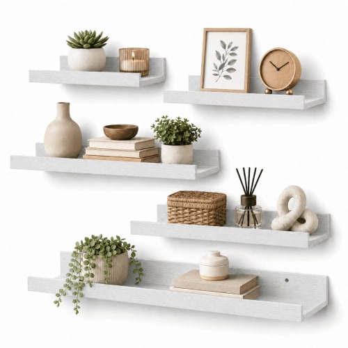 KAIWIN White Wood Floating Shelves Set of 5 (24/16/14/10In) - Wall Mounted Storage & Decor for Home