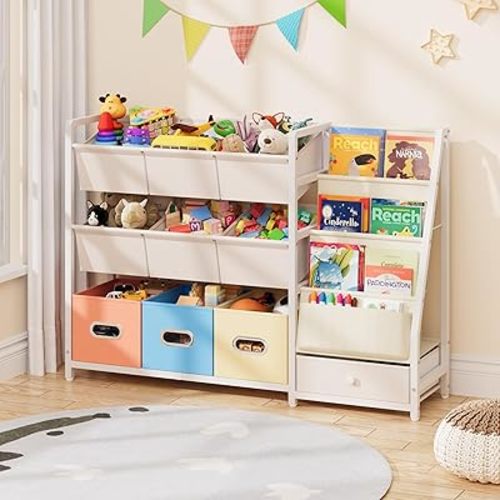 Toy Storage Organizer - Kids Bookshelf and Toy Storage with 3 Book Shelf and 10 Storage Bins, Montessori Playroom Storage for Toddler, Baby, Book Shelf for Kids Rooms