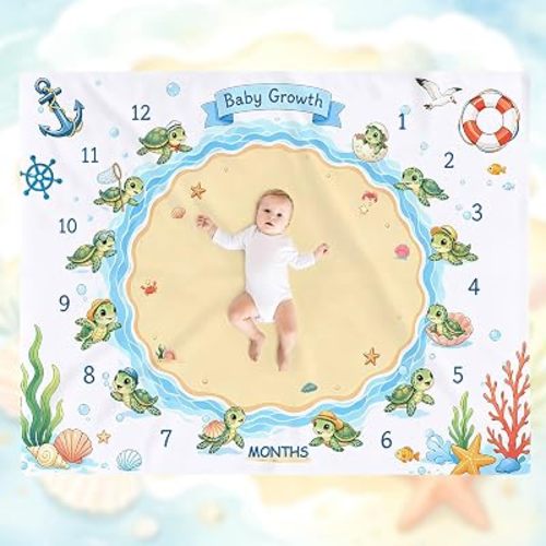 Baby Monthly Milestone Cute Sea Turtle Blanket 50×40 Inch, Cartoon Ocean Tortoise Age Chart Nursery Boy Milestone Blanket, Beach Sea Themed Baby Shower