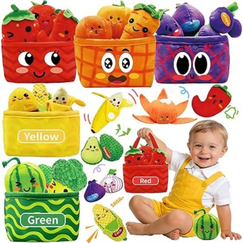 Play Food for Toddlers 1-3, Plush My First Fruit Vegetables Basket Color Sorting Rattle, Squeaker & Crinkle Play Food Set for Kitchen Baby Sensory Toys Easter Basket Stuffers Birthday Gifts 20PCS