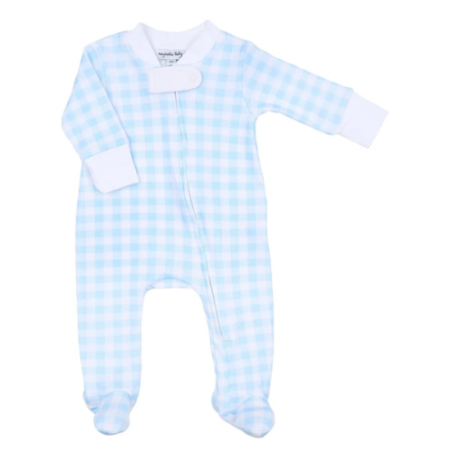 Magnolia Baby - Baby Checks Blue Zipper Footie