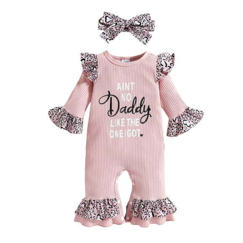Suanret Valentine's Day Newborn Infant 2Pcs Baby Girls Clothes Letter Leopard Flare Sleeves Jumpsuit with Headband Pink 3-6 Months