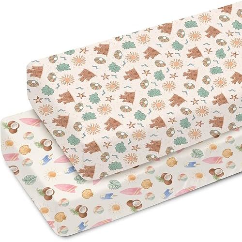 Neutral Summer Beach Baby Crib Sheets for Boy Girl 28"x52" Surfboard Coconut Seashells Sun Soft Snug Fitted Crib Mattress Cover Seaside Holiday Baby Sheet for Standard Crib & Toddler Mattress 2 Pack