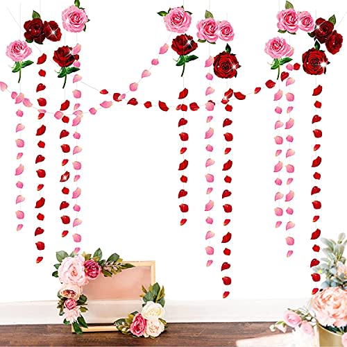 Cheerland Red Pink Rose Garland Flower Roses Petal Streamer Paper Love Banner for Floral Romantic Wedding Engagement Anniversary Bridal Shower Birthday Hanging Valentines Day Party Decorations 12pcs