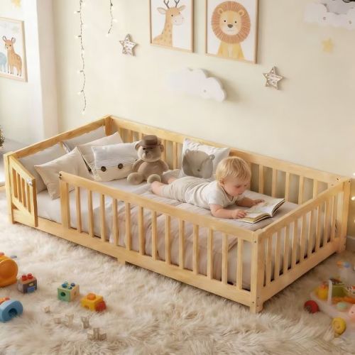 Bellemave Twin Kids Wood Floor Bed Frame with Safety Guardrails & Removable Door, Montessori Toddler Floor Bed, natural