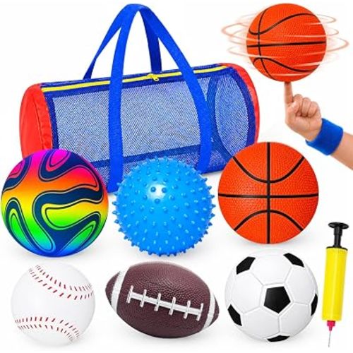 Sports Balls for Toddlers 1-3, 6 Pack Toddler Ball Set with Bag & Pump, Soccer Ball Basketball Football Baseball Rainbow Ball & Sensory Ball, Toddler Outdoor Toys for 1 2 3 Year Old Boys Birthday Gift