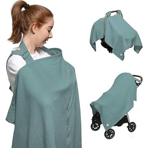 Nilsa 5-in-1 Muslin Nursing Cover up for Breastfeeding & Baby Car Seat Cover - Breathable Breastfeeding Cover With Rigid Hoop - 100% Cotton Privacy Apron Breast Feeding Covers For Women (Mint green)