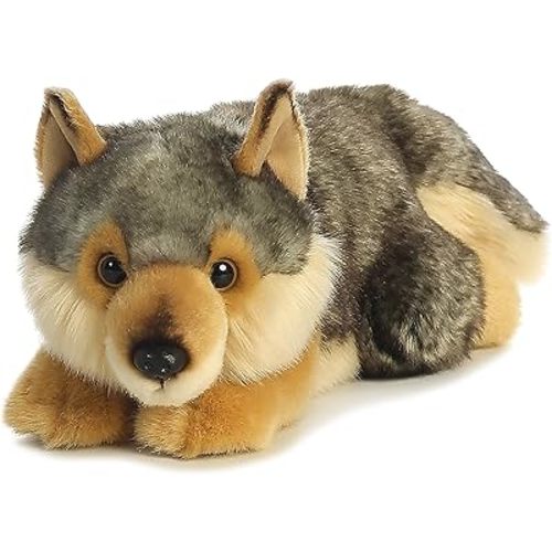 Aurora® Realistic Miyoni® Lying Wolf Stuffed Animal - Lifelike Details Make a Cherished Companion - Perfect for Decorating Bedrooms or Classrooms - Gray 11.5 Inches