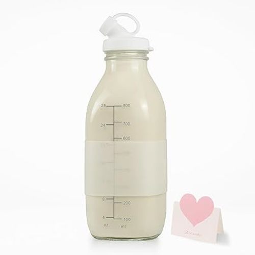 32 oz Milk Pitcher with Pour Dispenser and Clear Scale, 1 Liter Glass Juice Bottle with Airtight Lid, Glass Water Bottle with Sleeve