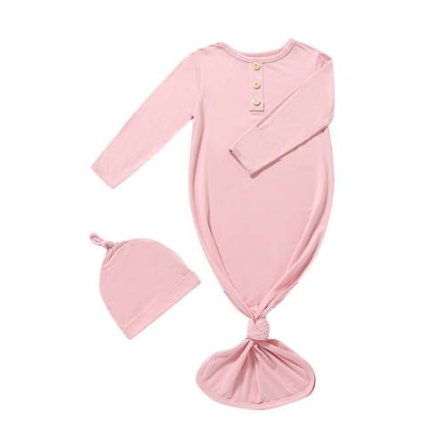 BLVB Newborn Baby Boys Girls Knotted Gown Hat Set Soft Infant Baby Sleep Gown Long Sleeve Sleepwear 0-6 Months