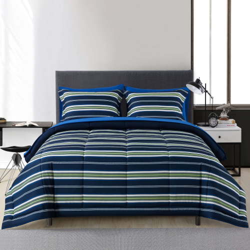 Mainstays 7-Piece Reversible Bed in a Bag with Laundry Tote, Blue Stripe, Full