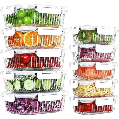 KOMUEE 10 Packs Glass Food Storage Containers Set, Glass Meal Prep Containers with Lids, Airtight Lunch Containers, Microwave, Oven, Freezer and Dishwasher Safe, White