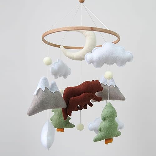 Woodland Bear Baby Mobile for Crib - Neutral Felt Mountain Nursery Decor | Hand-Stitched Hanging Toys for Boy & Girl Baby Shower Gift, Fits Cribs & Bassinets