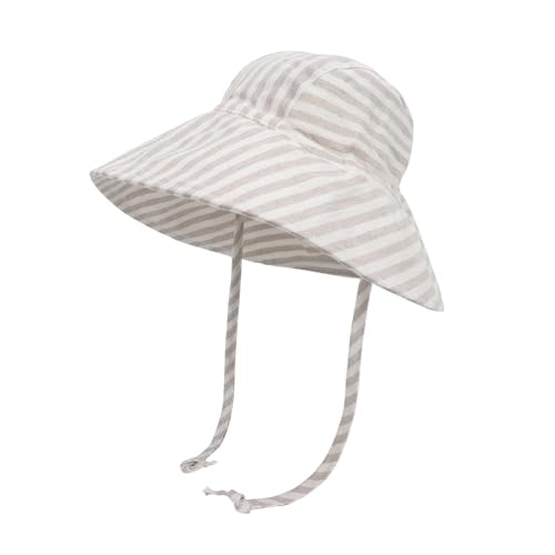 Baby Sun Hat UPF 50+, Wide Brim Linen Cotton Summer Hat with Chin Strap, Breathable Toddler Bucket Hat for Boys & Girls