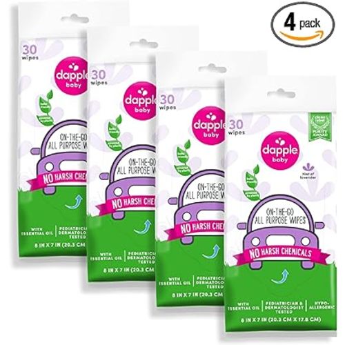 Dapple Baby All Purpose Wipes, Hint of Lavender, Plant Powered, Hypoallergenic, 30 Count (Pack of 4)