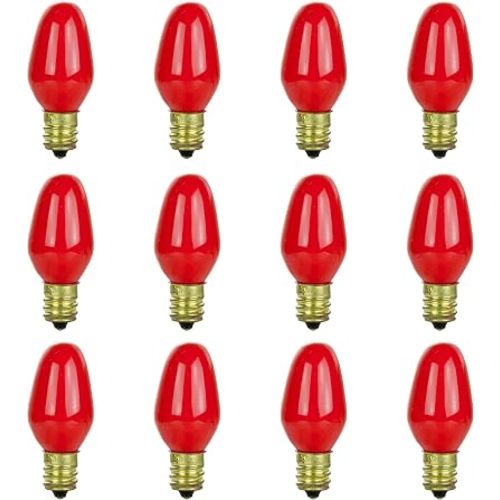 Sunlite 01058 7C7 Incandescent Bulb, 7 Watt, Candelabra E12 Base, C7 Small Night Light, Colored Bulb, Red, 12 Count