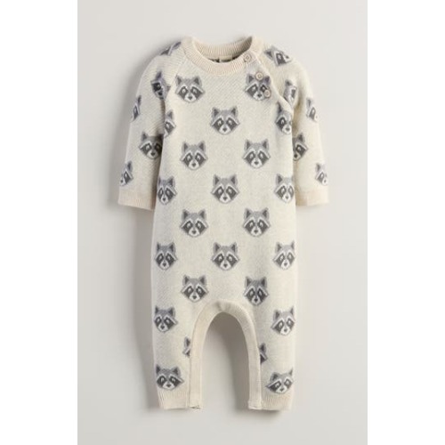 Raccoon Jacquard Cotton Sweater Romper, 3M