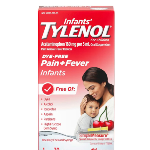 Infants' Tylenol Oral Suspension Liquid Medicine with Acetaminophen, Baby Fever Reducer & Pain Reliever for Minor Aches & Pains, Sore Throat, Headache & Teething Pain, Dye-Free Cherry, 1 fl. oz