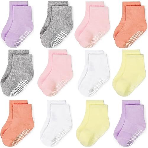 GRPSKCOS Baby Socks for Boys & Girls, 12 Pairs Non Slip Anti Skid Sticky Cotton Socks, 0-7 Years