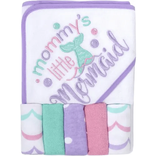 Baby Hooded Towel and Washcloth Set for Infants, Boys and Girls 6-12 Months (Mommy's Mermaid)