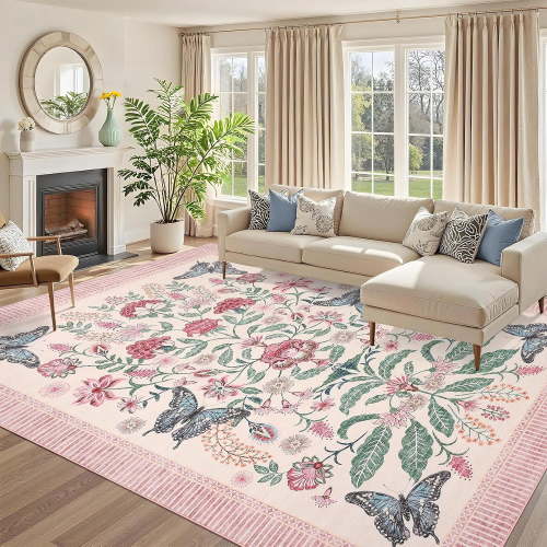 Pink Bedroom Rug for Girls Room Decor, 10x13 Washable Cute Playroom Nursery Rug, Soft Floral Low Pile Throw Carpet for Kids Living Dining Room, Indoor Farmhouse Floor Rugs for Home Office