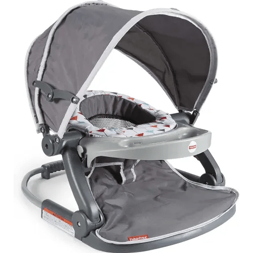 Fisher-Price Travel Baby Chair On-the-Go Sit-Me-Up Floor Seat with Snack Tray and Canopy for Outdoor Use, Arrows Away