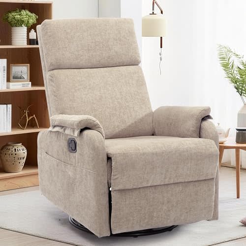 Korser Recliner Chair, Swivel Rocking Recliner Chair for Adults, Glider Rocking Chair, Small Nursery Chair Recliner for Living Room, Reclining Chair with Modern-Designed Armrests, Chenille, Khaki