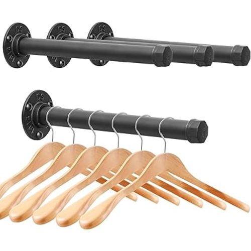 Cast Iron Wall Mounted Clothes Rack, Heavy Duty Industrial Pipe Clothing Rack for Hanging Clothes, Garment Racks for Wardrobe Organizers and Storage, DIY Closet Rods Closet Bar (Black 4 Pack, 12 in)