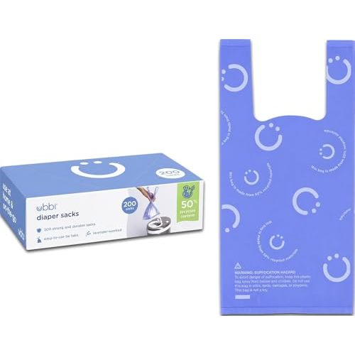 Ubbi Disposable Baby Diaper Sacks, Lavender Scented, 200 Count | Easy-To-Tie Tabs, Made from 50% Recycled Material, Disposable On-The-Go Bags, Diaper Bag and Travel Essential