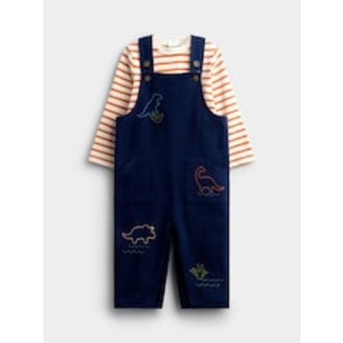 JoJo Maman Bébé Navy Blue Dino Stab Stitch Embroidered Dungaree Set | Next