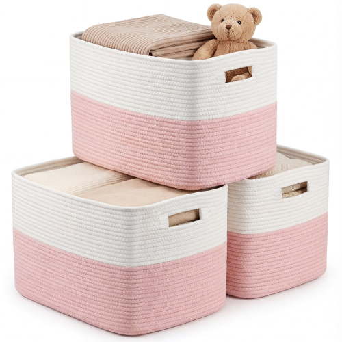 XUEYU 3 Pack Woven Baskets , 11”x11”x9” Cotton Rope Baskets, 18L Blanket Baskets for Storage, Cube Bin Square Shelves Organizer, Toy Basket or Storage Bins for Living Room, Baby Nursery(Pink & White)
