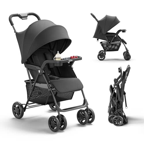 Lightweight Umbrella Stroller, Travel Stroller with Near-Flat Recline & Snack Tray, Compact Folding with One Hand, UPF50+ Sun Canopy, Theme Park Approved