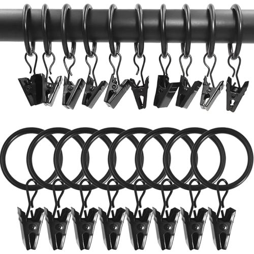 100 Pack Black Curtain Rings with Clips, Curtain Hooks Hangers Clip Rings for Hanging Drapes Bows Hat, Drapery Rings 1 in I D, Fits up to 5/8 in Diameter Curtain Rod.
