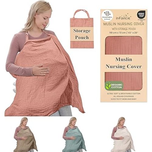 100% Organic Cotton Nursing Cover & Shawl - 43 x 28 Inch Breathable Muslin Breastfeeding Nursing Apron Cover with Arch Neckline for Mothers, Multi-use Carseat Canopy (Rust)