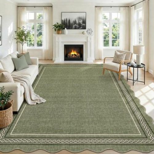 Scalloped Machine Washable Rug for Living Room Non Slip Soft Bedroom Rugs Low Pile Foldable Stain Resistant Carpet for Dining Room